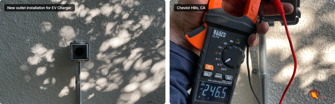 Powell Electric shows precise EV charger outlet installation and voltage testing, demonstrating dependable craftsmanship and safety verification.