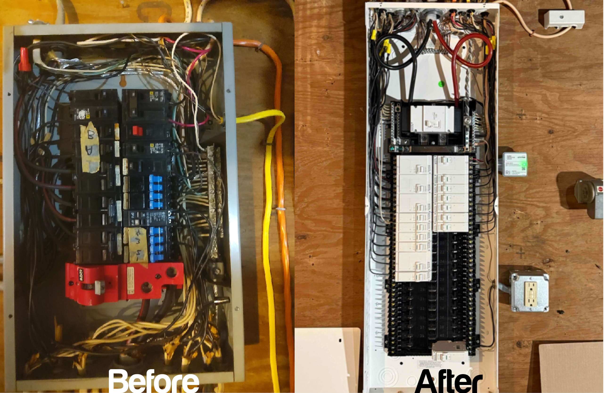 Doctor Electric transformed a cluttered breaker panel into a neat, safer installation, demonstrating clear craftsmanship and improved electrical safety.