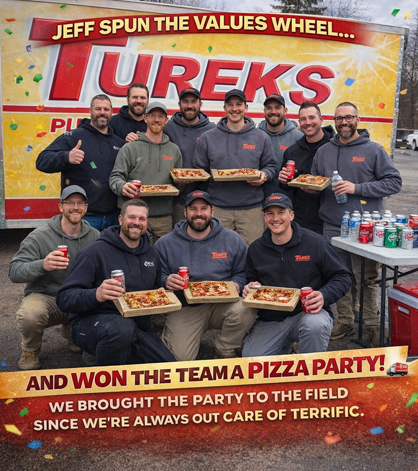 Celebrating great teamwork and on-site service, Tureks Plumbing Services brought the crew together for a well-earned pizza party.