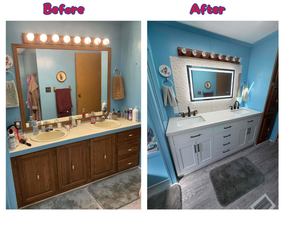 Showcasing modern craftsmanship and lasting value, Mrs. Michael Plumbers, Electricians, and HVAC Technicians transformed this dated bathroom into a fresh, functional double-sink vanity.