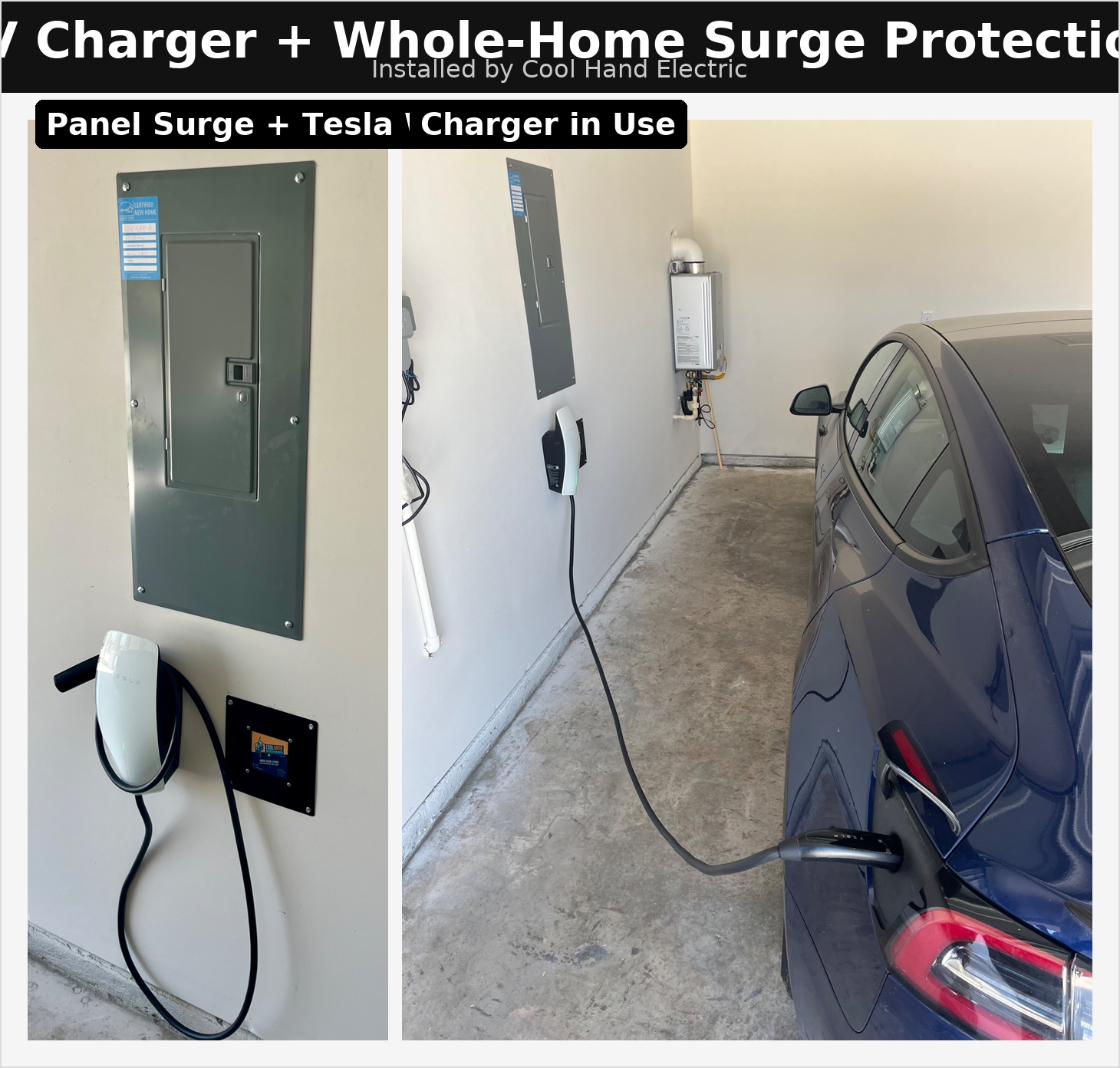 Experience the perfect charge with Cool Hand Electric's professional EV Charger and Whole-Home Surge Protection installation.