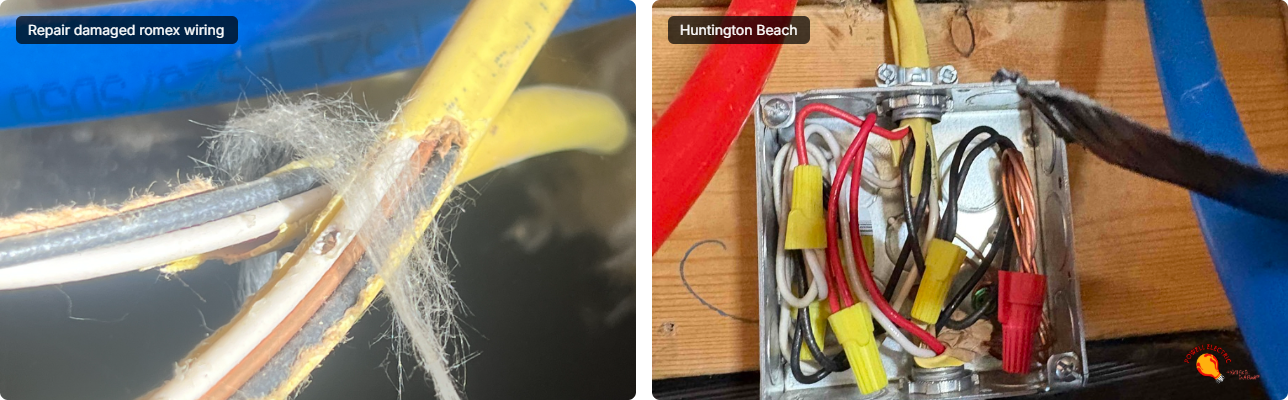 Powell Electric quickly restores safety and reliability with expert repairs, shown here addressing damaged Romex and a properly wired junction box.
