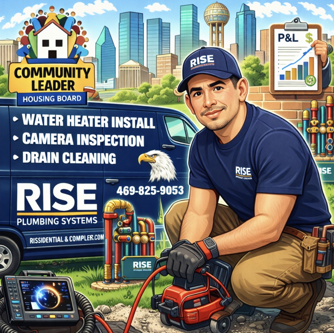 Friendly, professional technicians from Rise Plumbing Systems deliver reliable drain cleaning and water heater service with visible care and expertise.