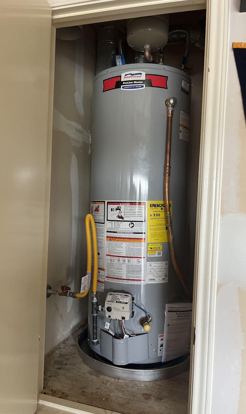 Clean, code-conscious installation of a residential water heater shows Abacus Plumbing, Air Conditioning, & Electrical commitment to reliable, long-lasting service.
