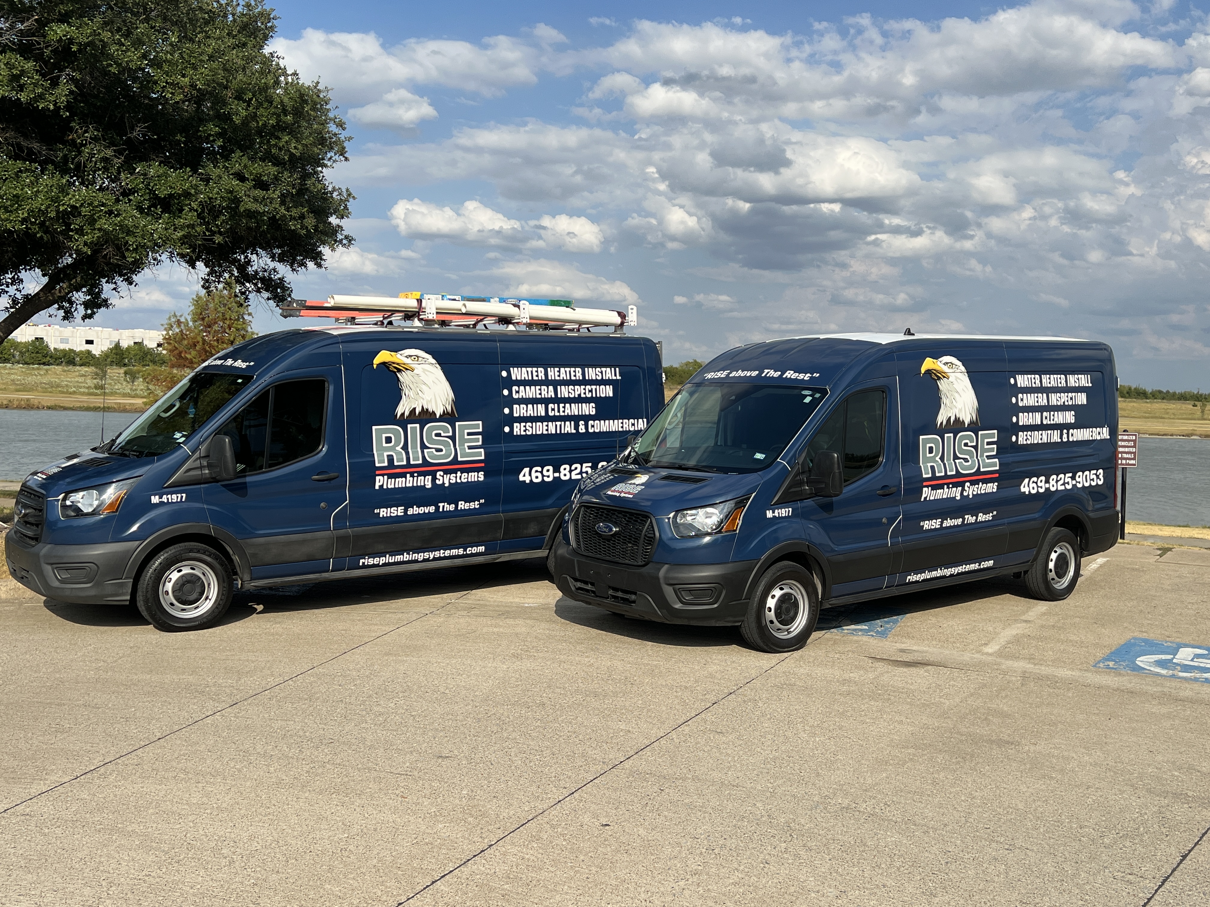 Clean, professional service vans from Rise Plumbing Systems showcase dependable craftsmanship and readiness to solve plumbing problems quickly.