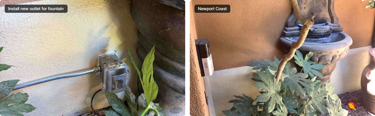 Powell Electric installed a durable weatherproof outlet by the fountain, showcasing careful outdoor craftsmanship and safety.