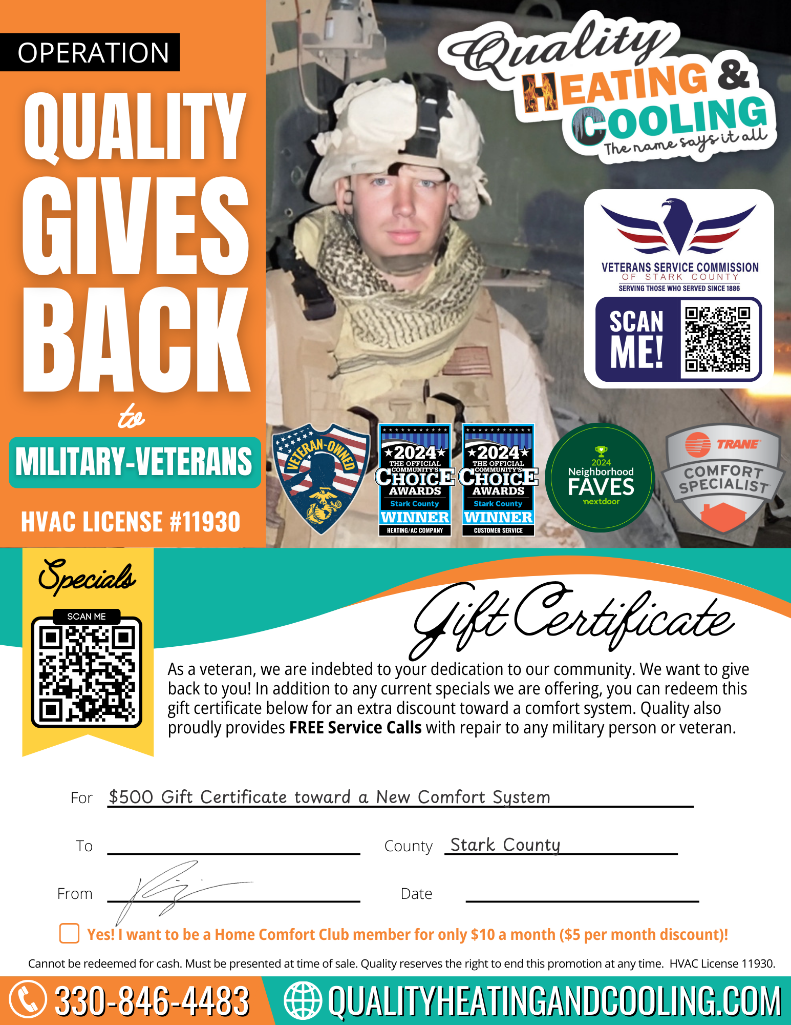Quality Heating & Cooling is proud to give back to those who serve, providing free service calls for veterans and offering special discounts towards new comfort systems. Our dedication to community and excellence is recognized in Stark County.