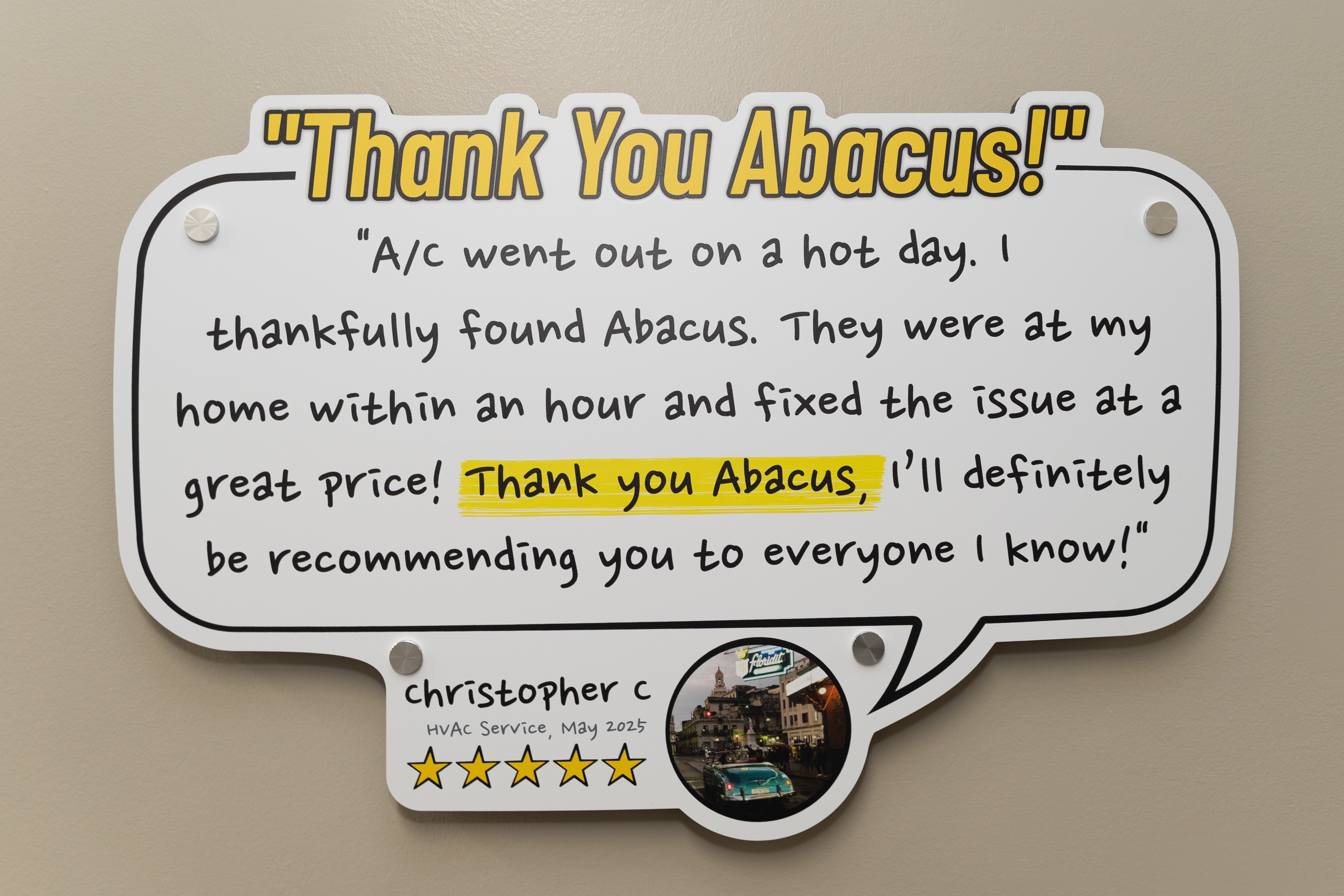 Trusted feedback on prompt, affordable HVAC service highlights the craftsmanship and reliability of Abacus Plumbing, Air Conditioning, & Electrical.