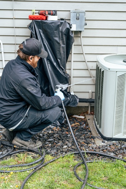 Skilled technicians from Lloyd Plumbing, Heating, Air, Electrical deliver careful outdoor HVAC maintenance to keep your condenser running reliably.