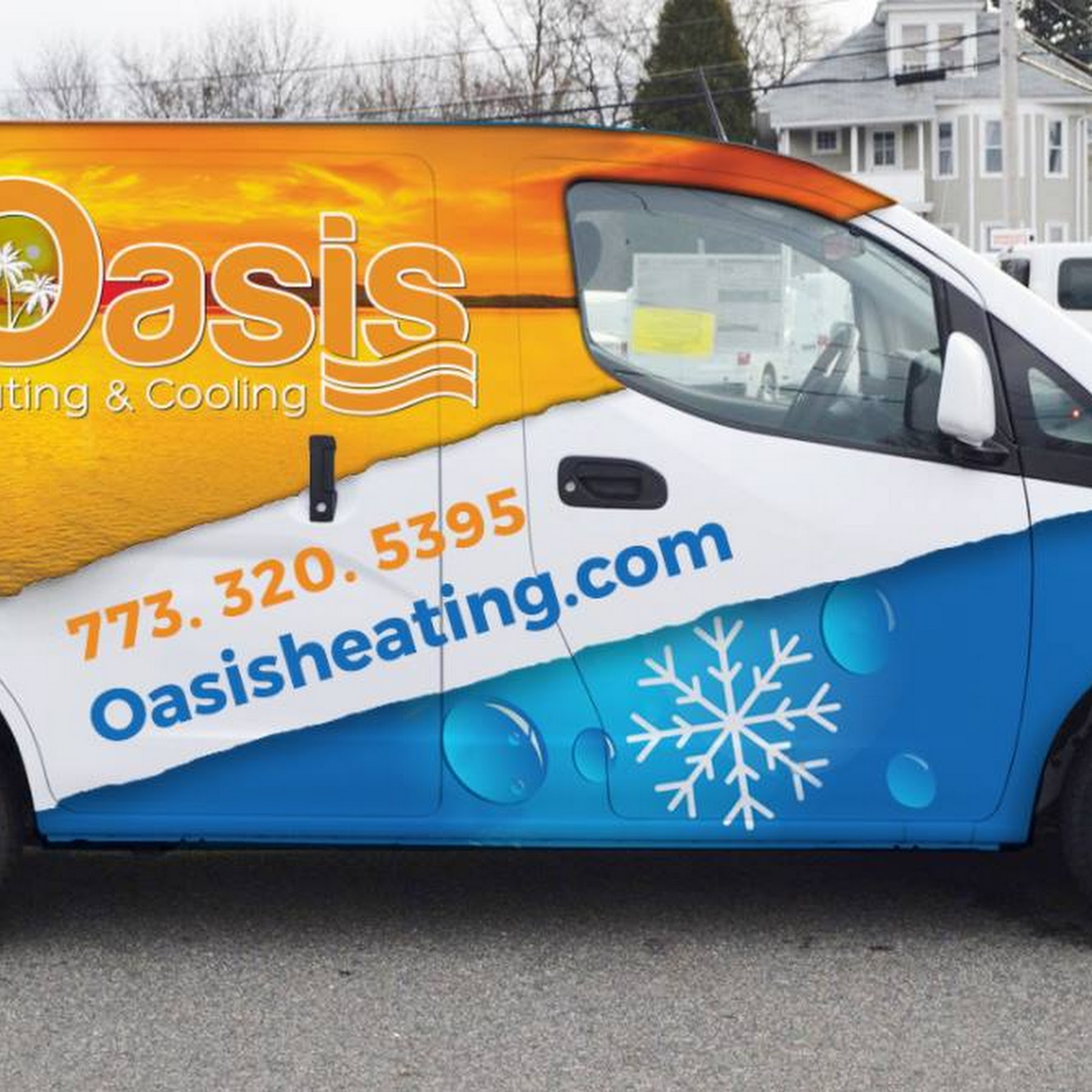 A clean, professionally wrapped service van showcases Oasis Heating and Cooling's dependable craftsmanship and clear contact branding to nearby homeowners.