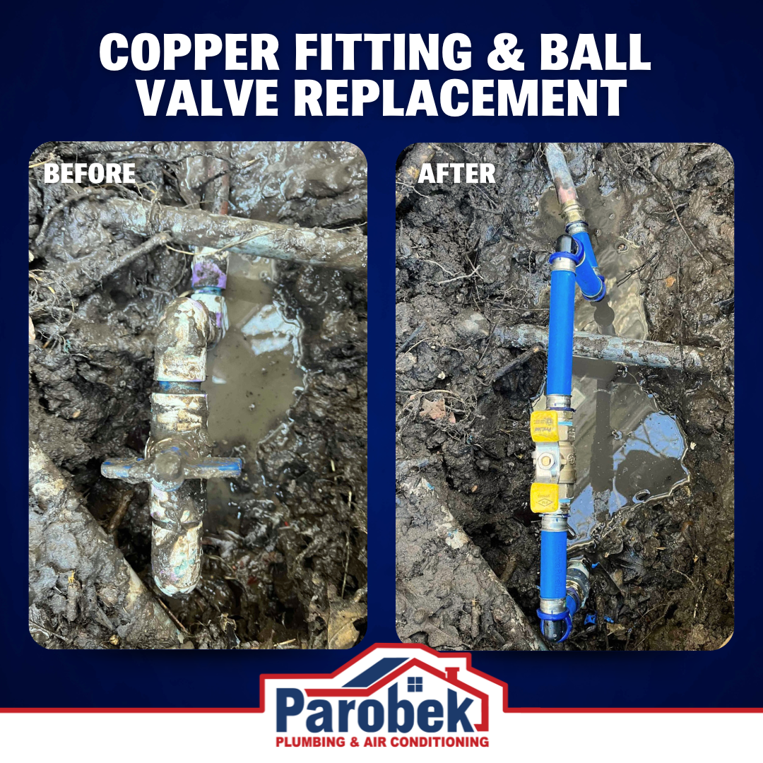 Experience seamless copper fitting and ball valve replacement with Parobek Plumbing & Air Conditioning.