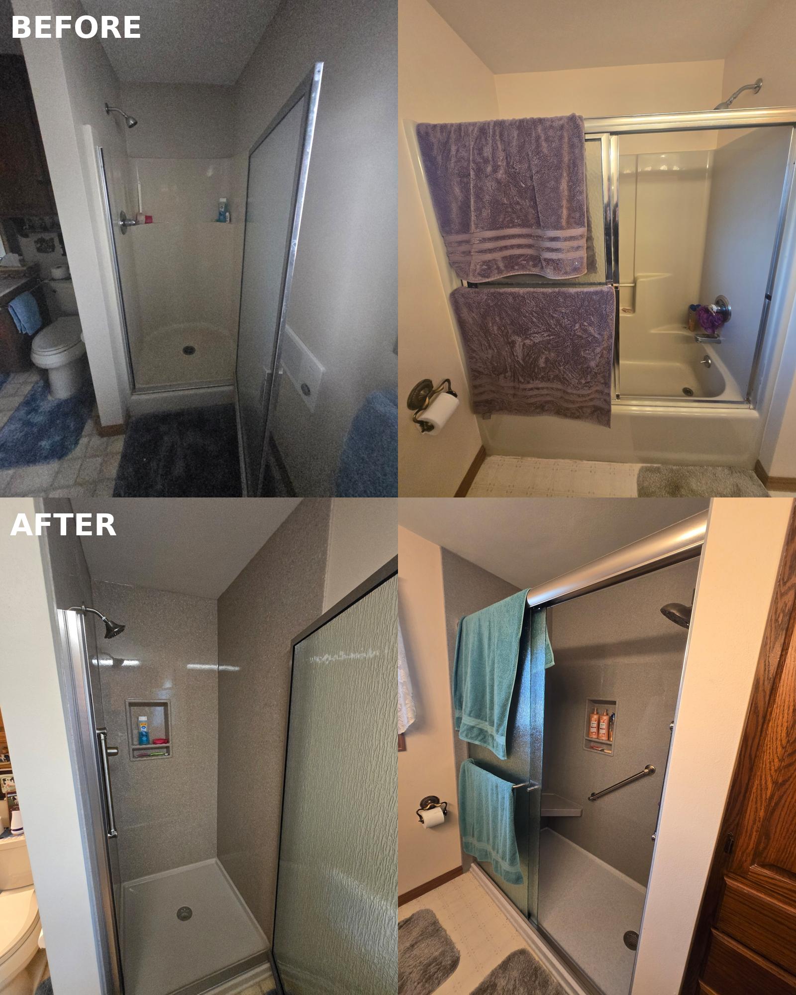 Tureks Plumbing Services transformed this dated bathroom into a safer, cleaner shower and tub with a built-in niche and modern finish.
