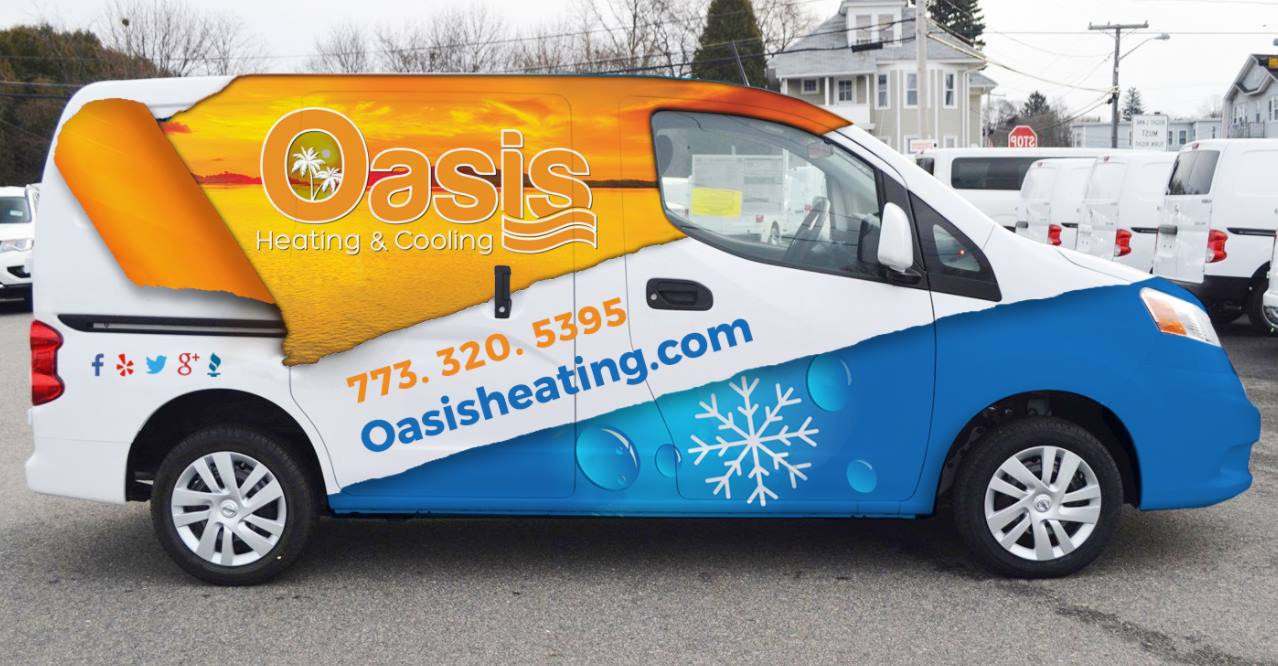 A clean, professionally wrapped service van showcases Oasis Heating and Cooling’s dependable craftsmanship and clear contact info for fast service.