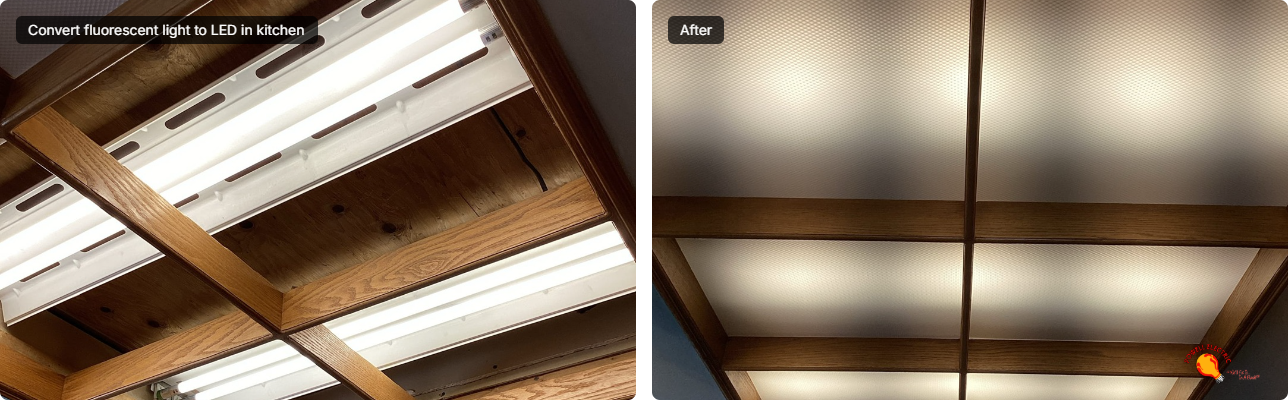 Powell Electric transformed this kitchen ceiling with even, energy-saving LED panels to deliver cleaner light and lasting craftsmanship.