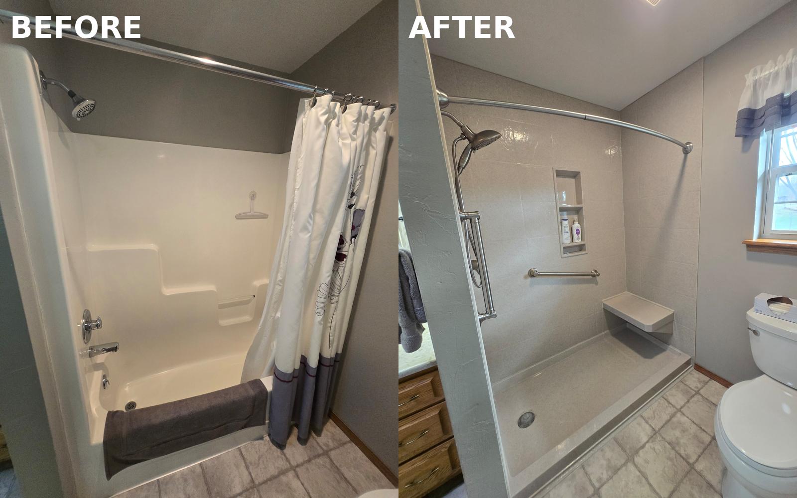 Tureks Plumbing Services transformed a dated tub into a modern, accessible tiled shower with a built-in bench, elevating comfort and durability.