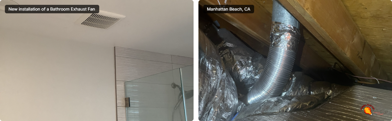 Powell Electric completed a neat bathroom exhaust fan installation, showing polished interior finish and properly routed attic ductwork for lasting performance.