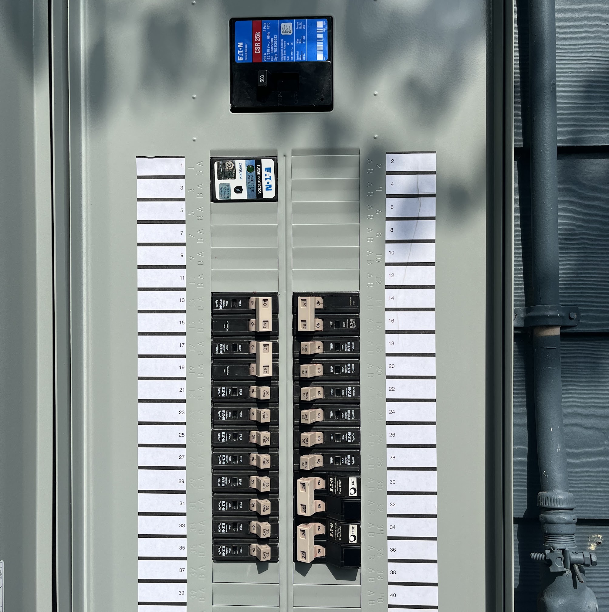 A tidy, professionally installed exterior breaker panel showcases Abacus Plumbing, Air Conditioning & Electrical’s attention to safe, reliable electrical work.