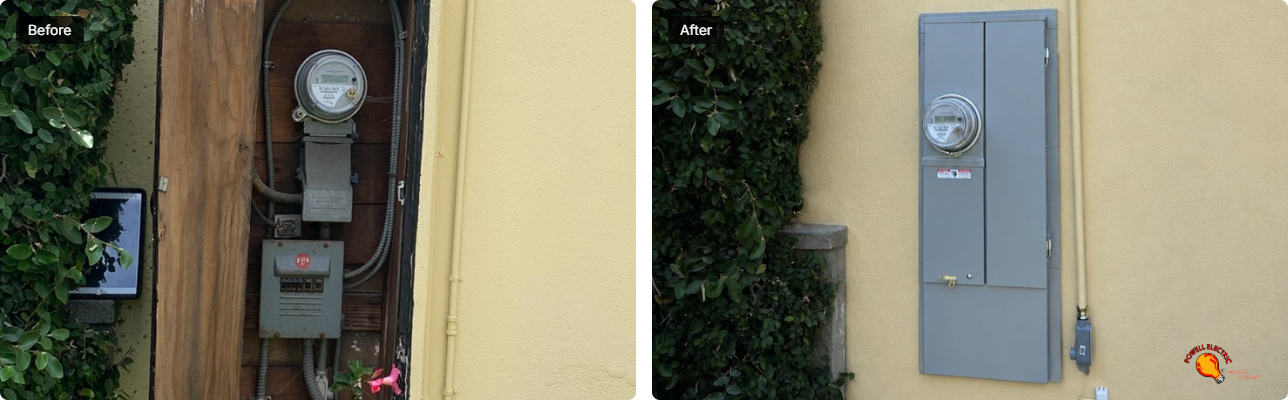 Powell Electric upgraded this home's exterior meter and installed a clean, code-compliant panel to improve safety and curb appeal.