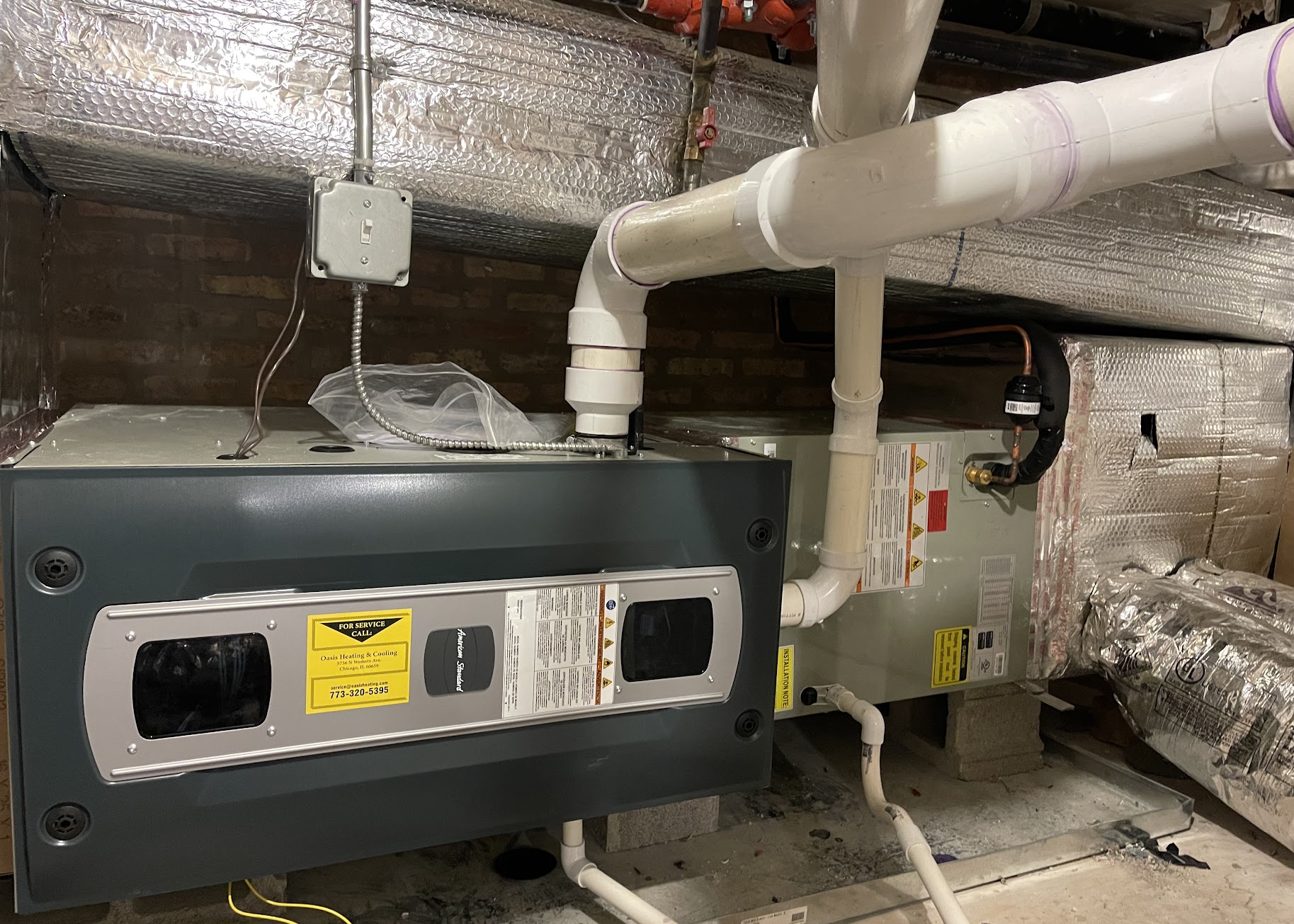 Professional, clean HVAC installation and careful condensate routing reflect the craftsmanship customers trust from Oasis Heating and Cooling.