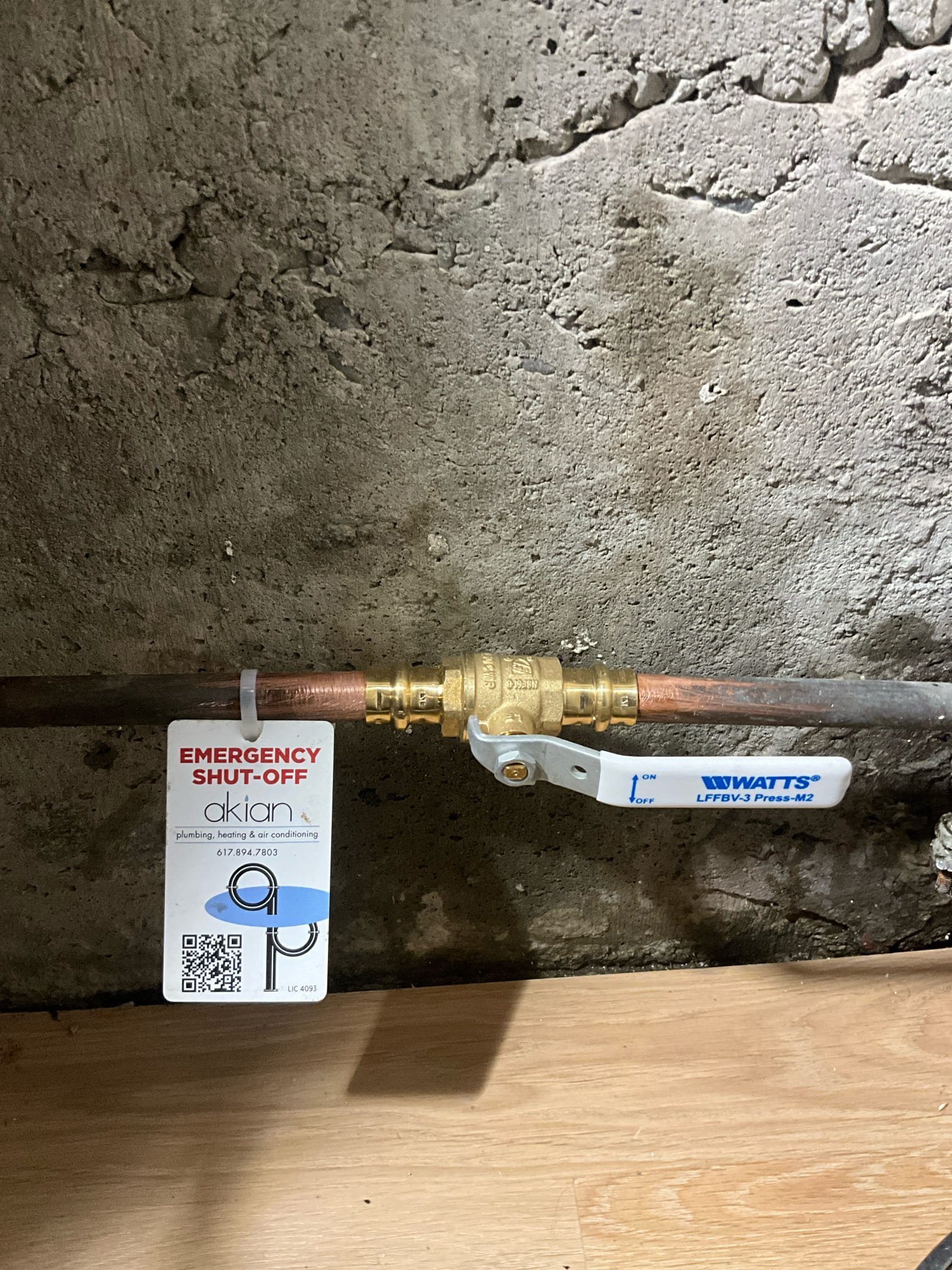 At Akian Plumbing, Heating, Cooling & Electric, trust our expertise in providing safety-first solutions like this meticulously installed emergency shut-off valve.