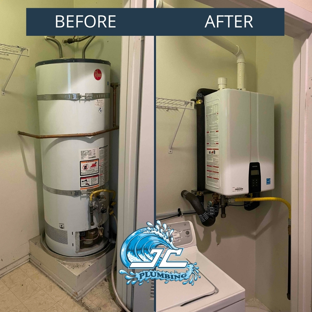 Transform your home's efficiency with JC Plumbing. Witness the remarkable difference from traditional to tankless water heating.
