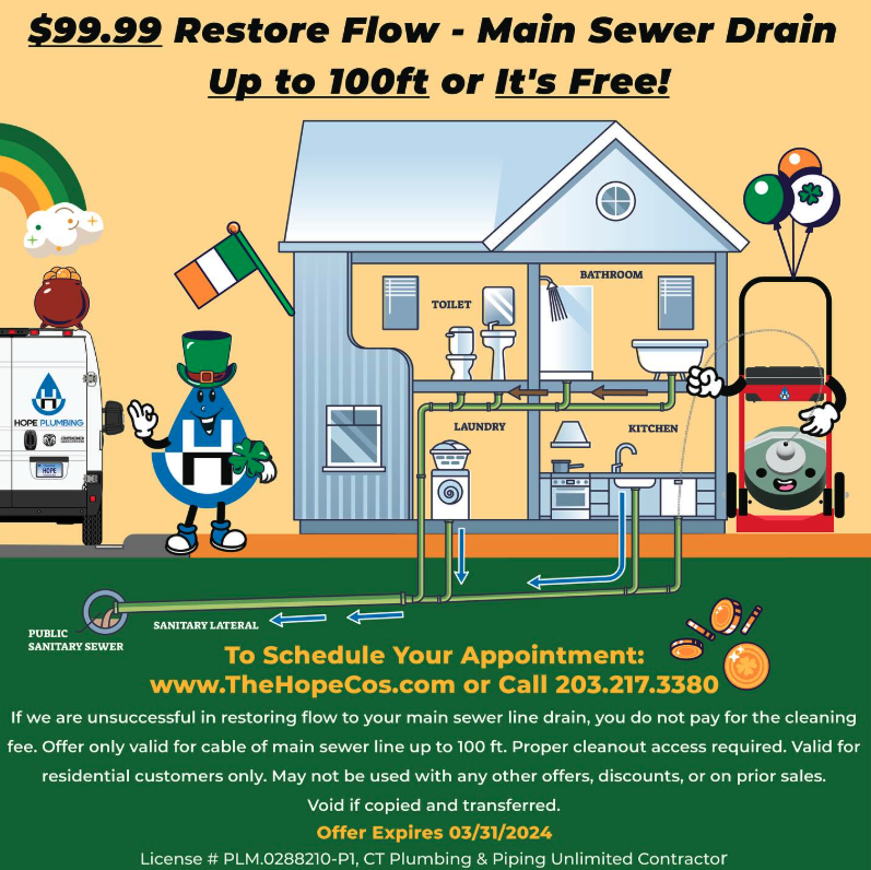 Save on sewer cleaning with Hope Plumbing, offering a guaranteed main line service up to 100 ft and easy online scheduling.