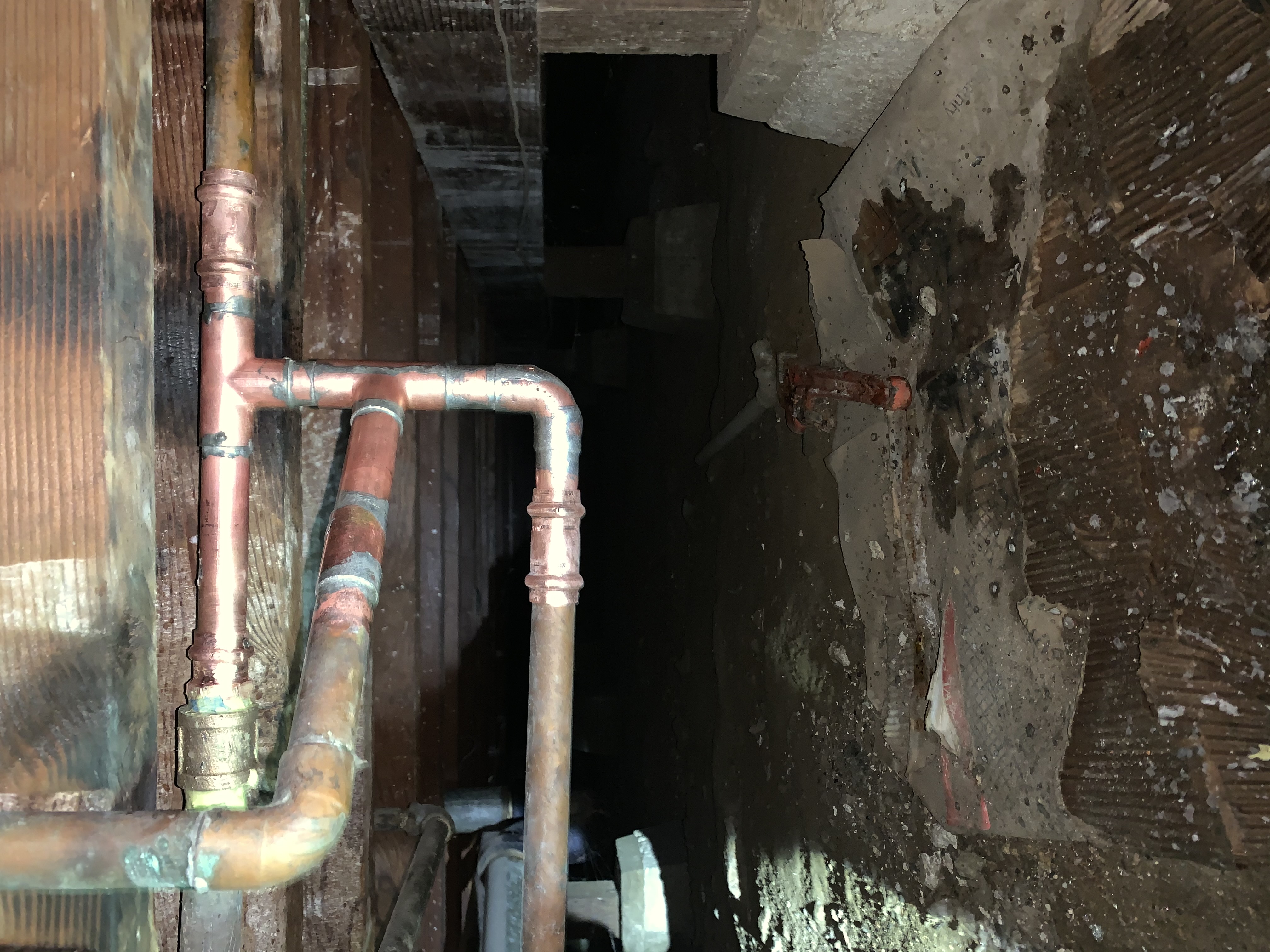 Solid copper pipework and precise fittings show Cruz Plumbing & Rooter Services delivers reliable craftsmanship even in tight crawlspace repairs.
