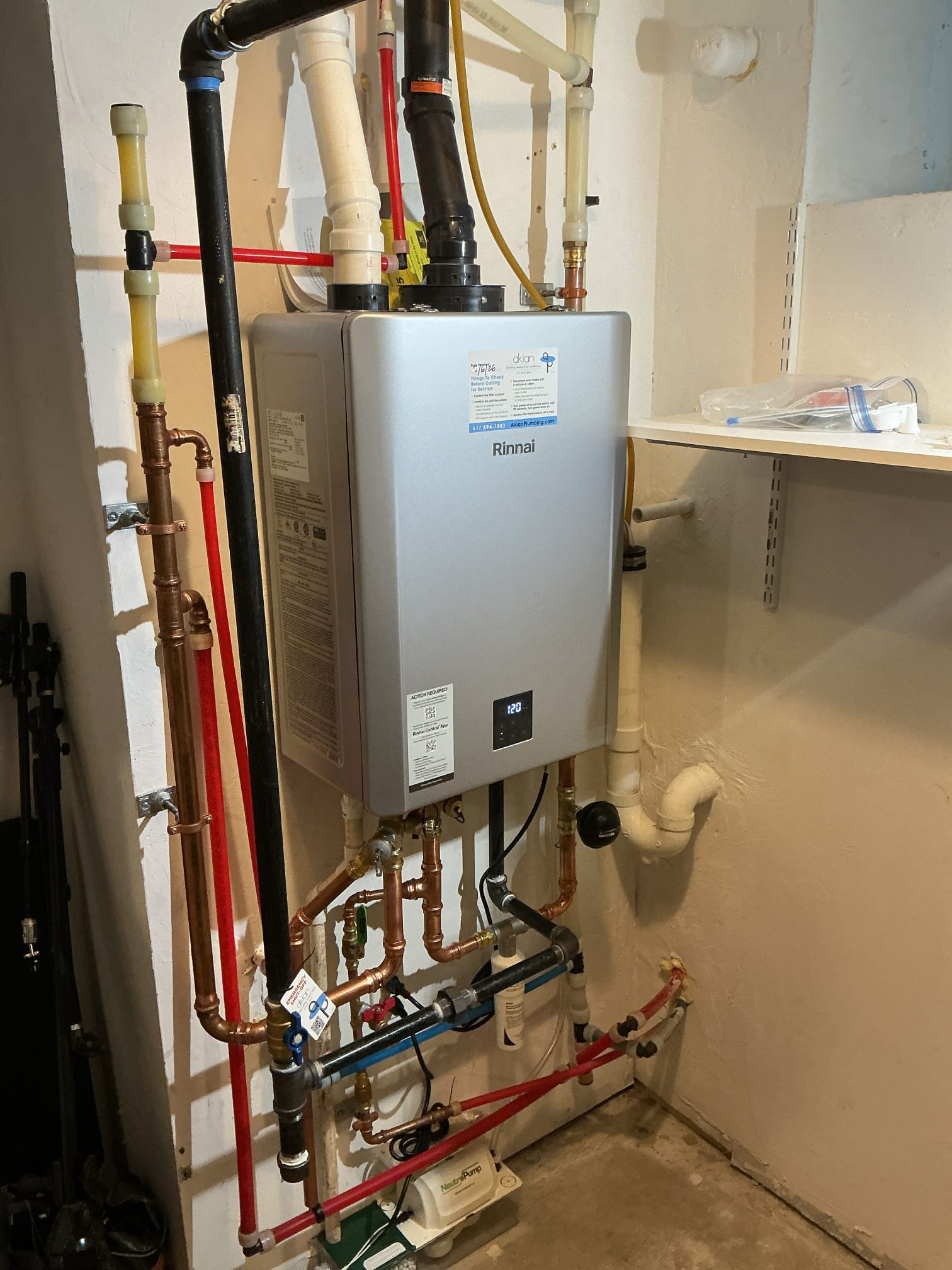 Reliable hot water solutions with careful craftsmanship, Akian Plumbing, Heating, Cooling & Electric installed and tested this Rinnai tankless heater for lasting performance.