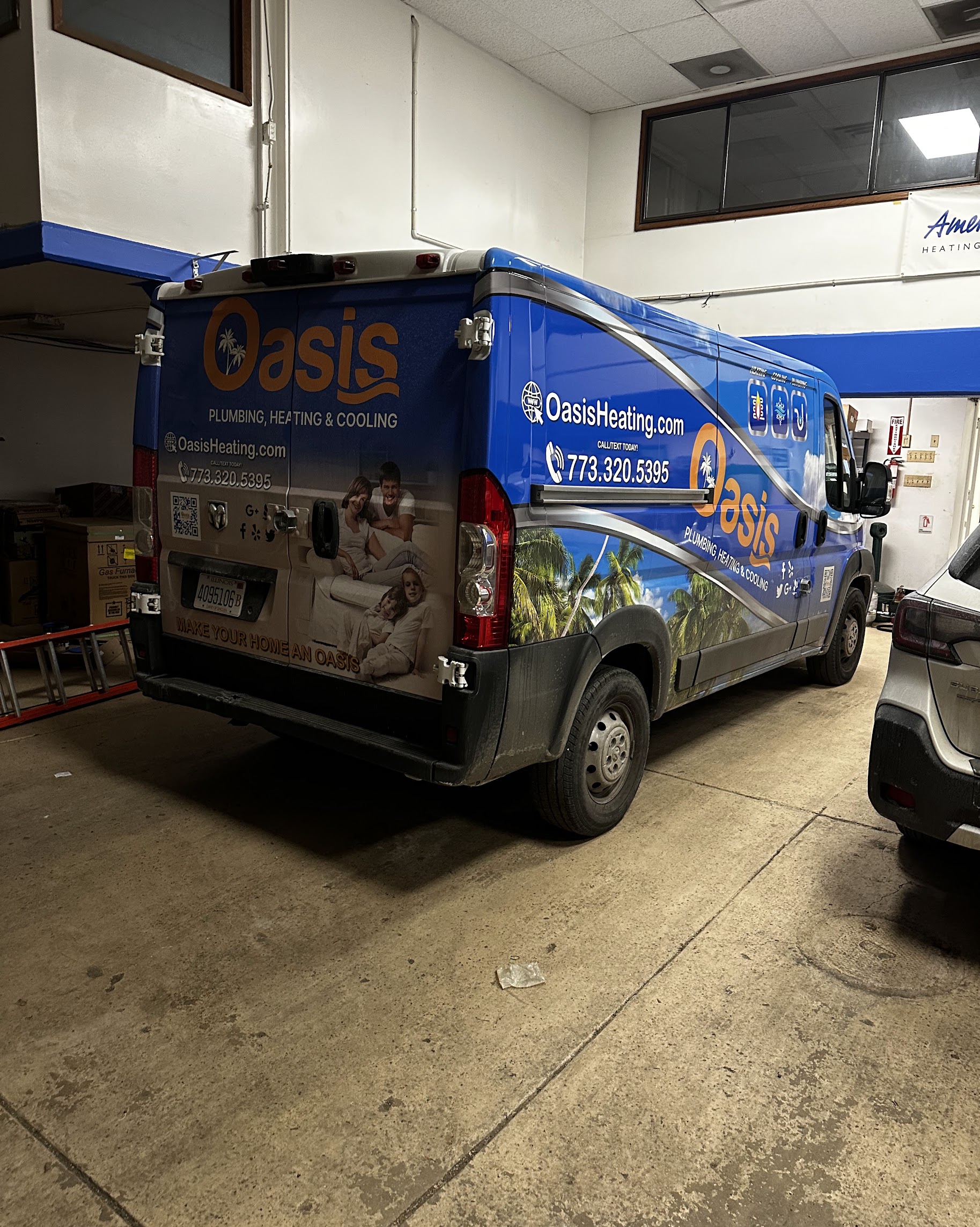 A professionally wrapped service van shows Oasis Heating and Cooling's dependable presence and clear contact info for fast, trusted help.