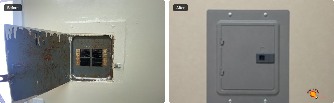 Powell Electric restored this old, corroded panel to a clean, secure cover, delivering visible safety and lasting craftsmanship.