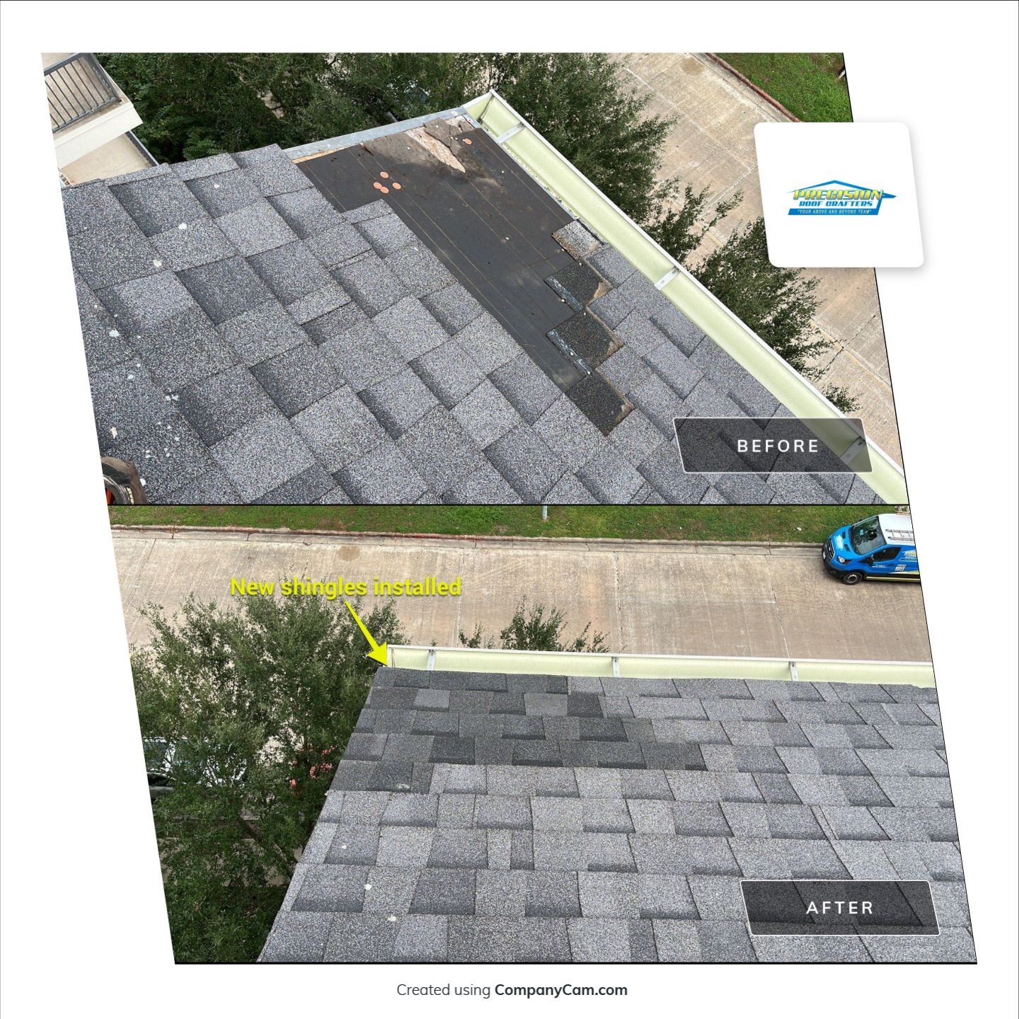 Transform your roof with Precision Roof Crafters, Inc. and experience the quality of new shingle installations today.