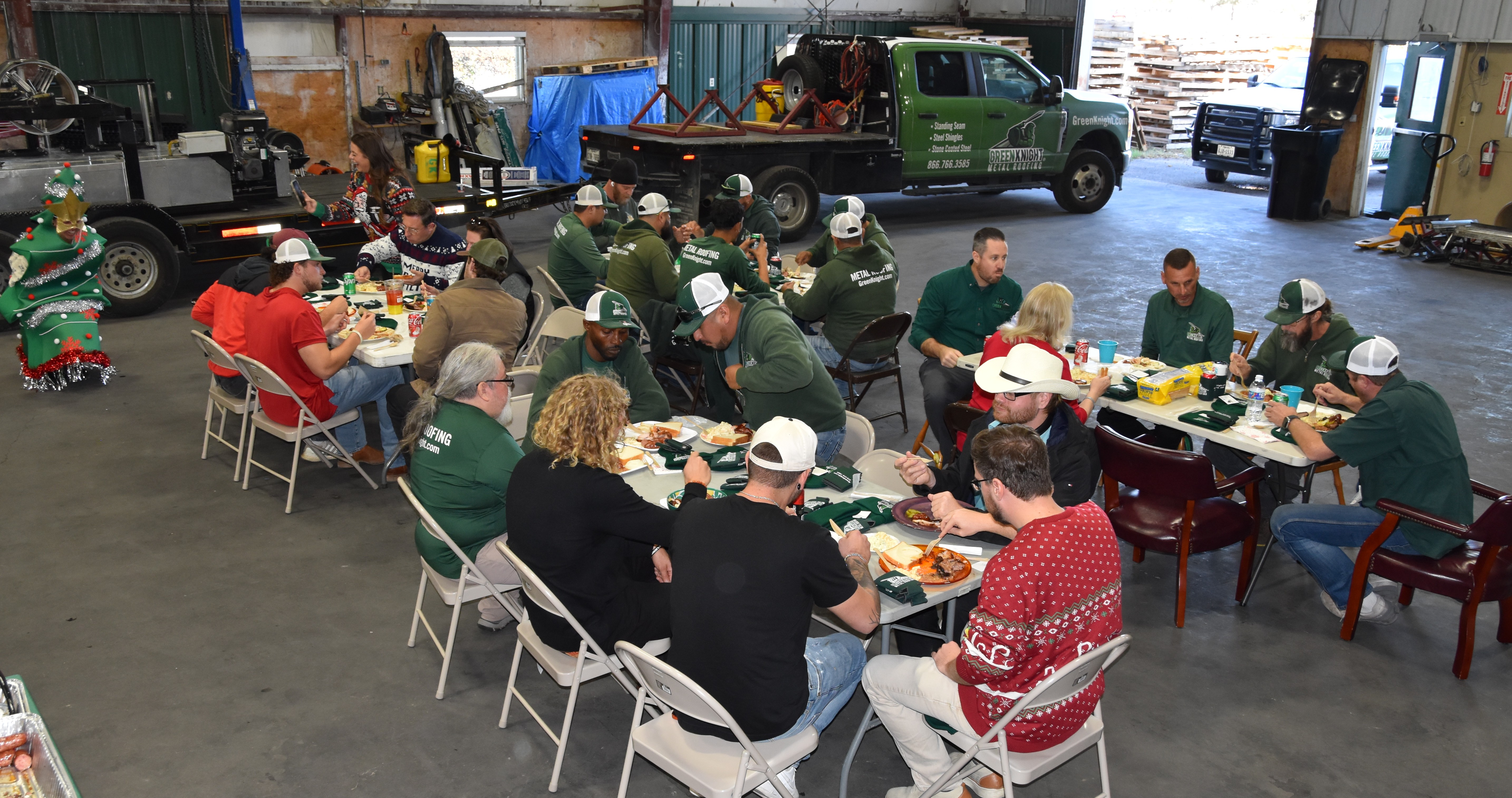 Celebrating the spirit of teamwork and craftsmanship, Green Knight® Metal Roofing brings employees together for a festive gathering, showcasing the tight-knit community behind our quality service.