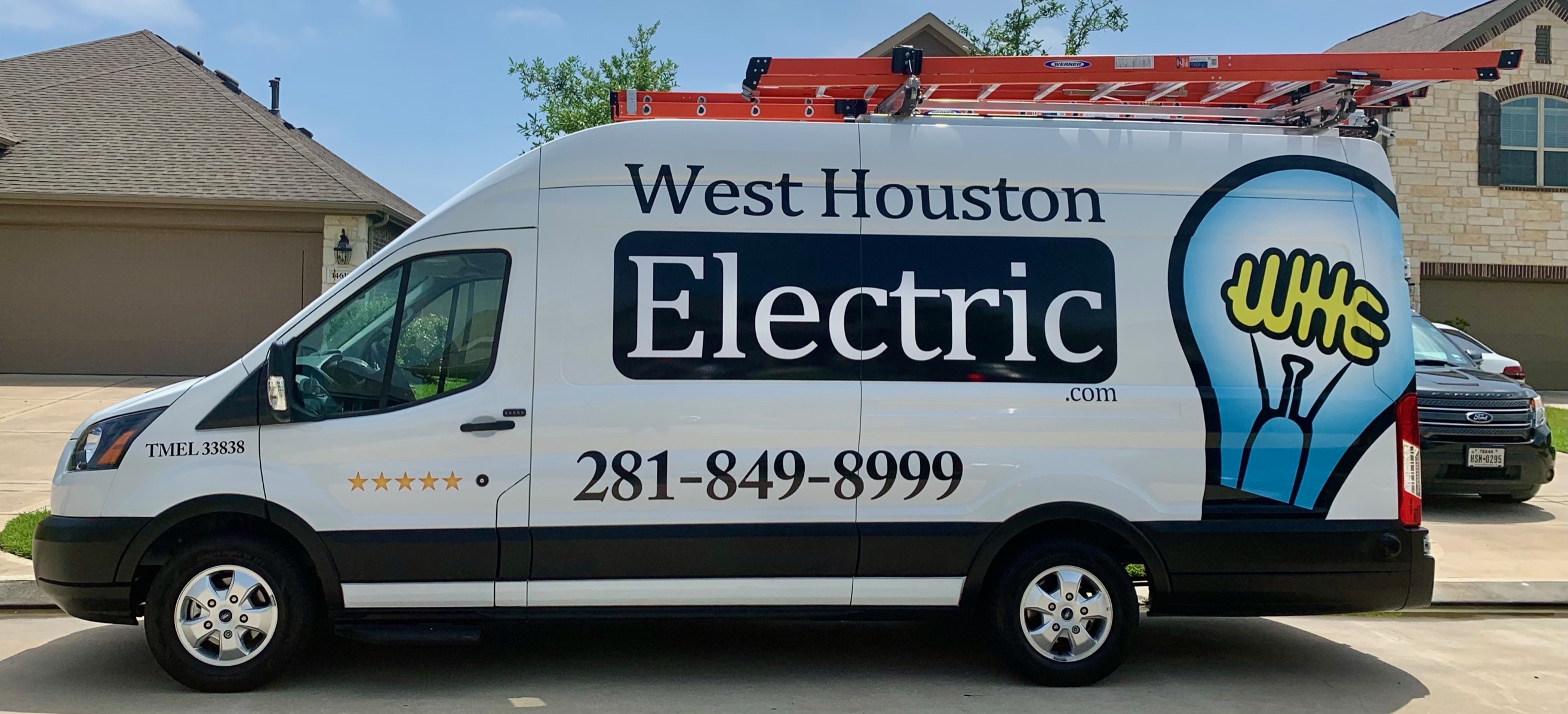 A clean, professional fleet van shows West Houston Electric, Inc. arriving on time and ready to deliver trusted residential electrical service.