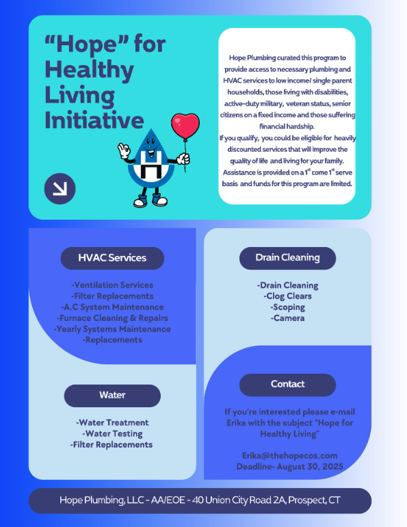 Hope Plumbing proudly supports the Hope for Healthy Living Initiative, offering discounted HVAC and plumbing help to vulnerable families.