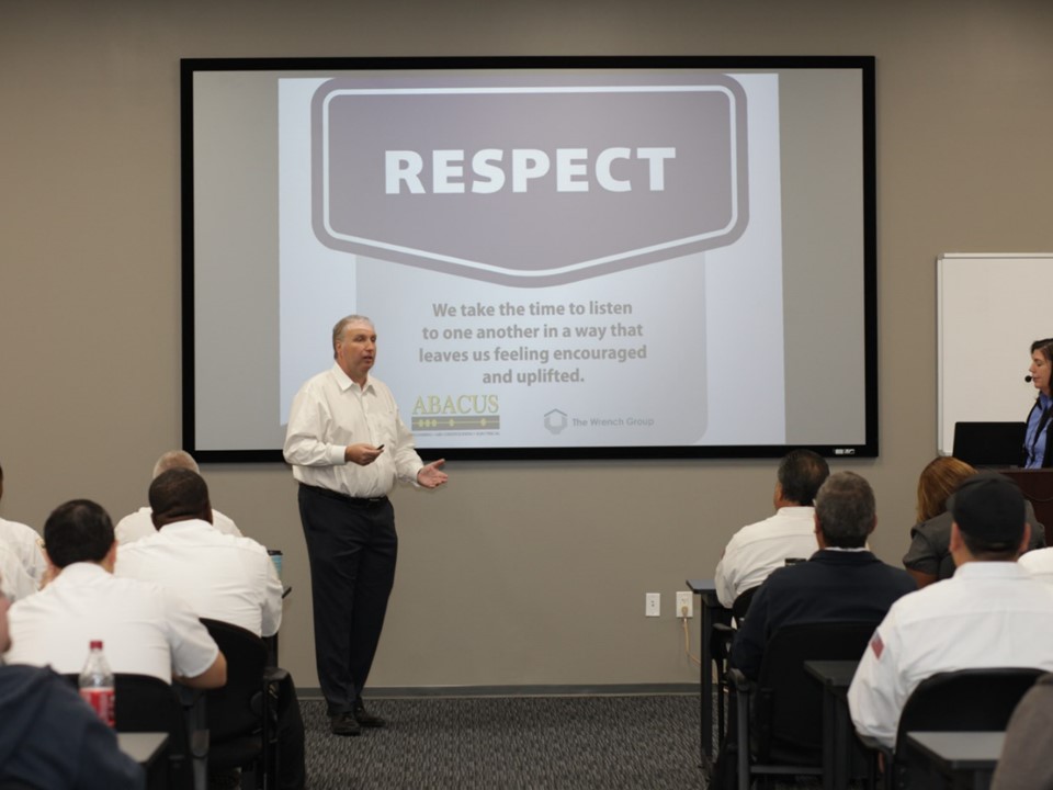 Team training reinforces trustworthy service and respectful customer care at Abacus Plumbing, Air Conditioning & Electrical, showcasing our commitment to professional standards.