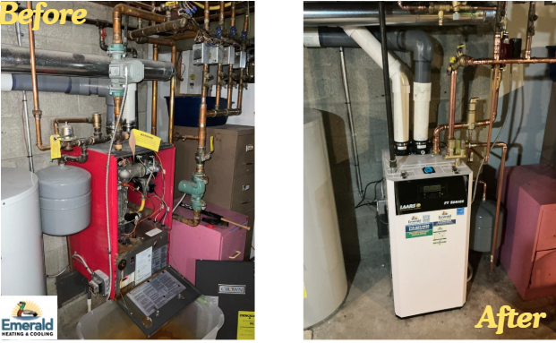 Upgrade your home's heating with reliable craftsmanship and improved efficiency from Emerald Heating & Cooling, shown here in a neat basement install.