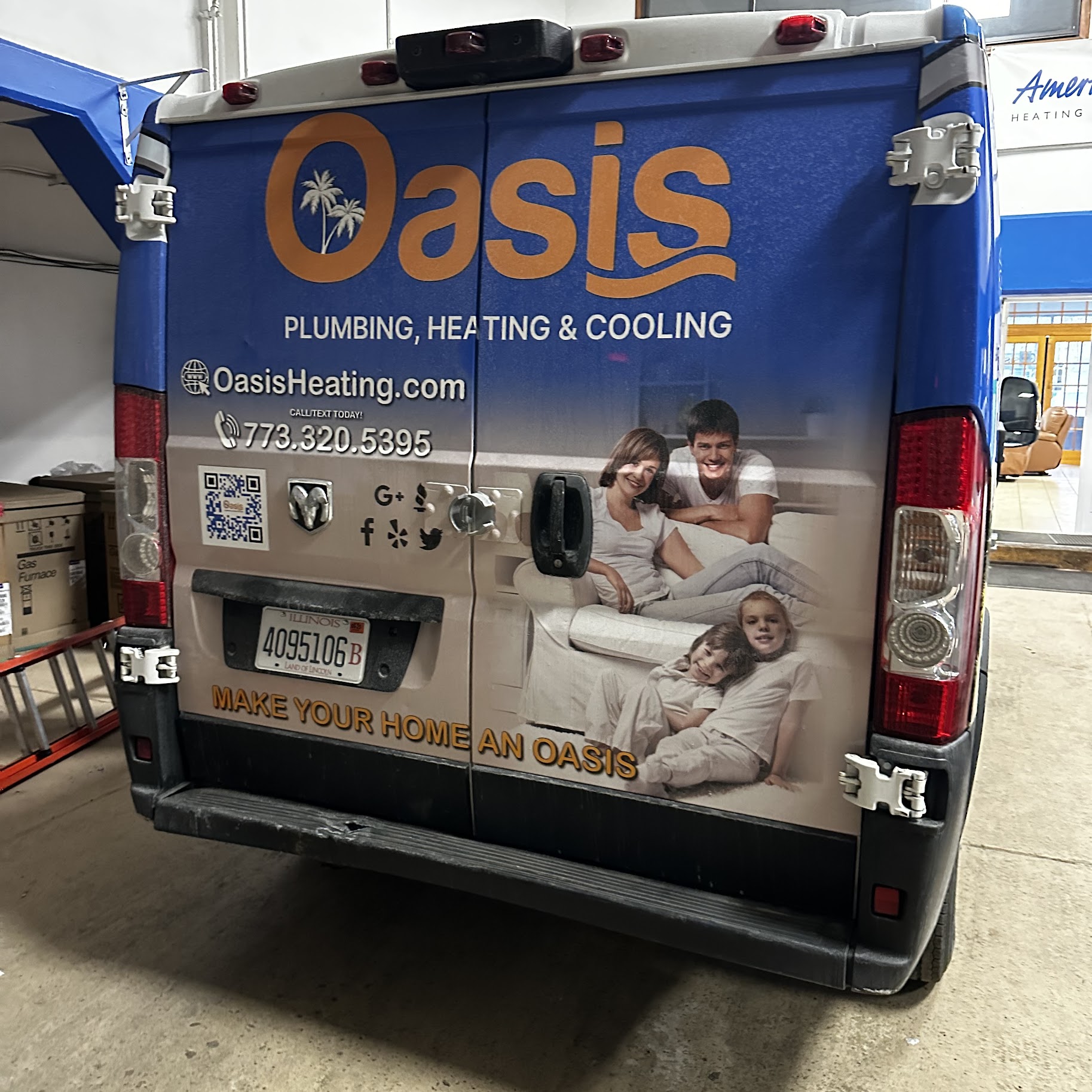 A well-branded service van from Oasis Heating and Cooling highlights trust and professionalism while making contact information easy to find.