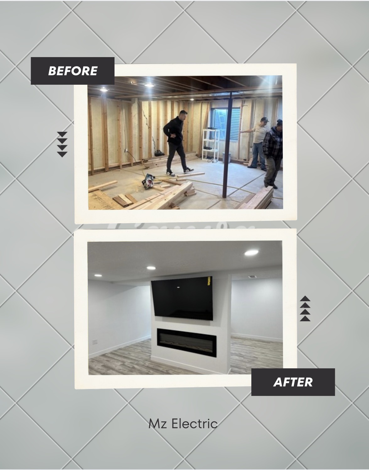 Transform your basement into a bright, modern living area with MZ Electric, combining clean lighting and elegant media installation.