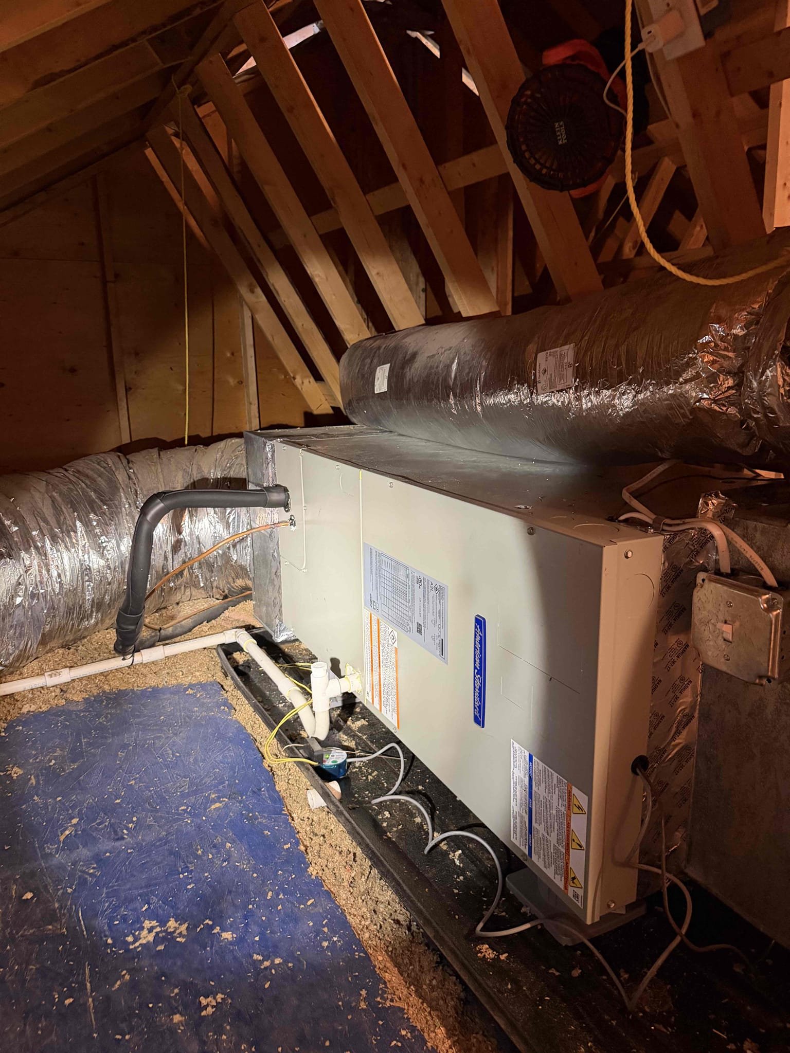 Clean, reliable attic HVAC installation shows the care and workmanship customers expect from Akian Plumbing, Heating, Cooling & Electric.