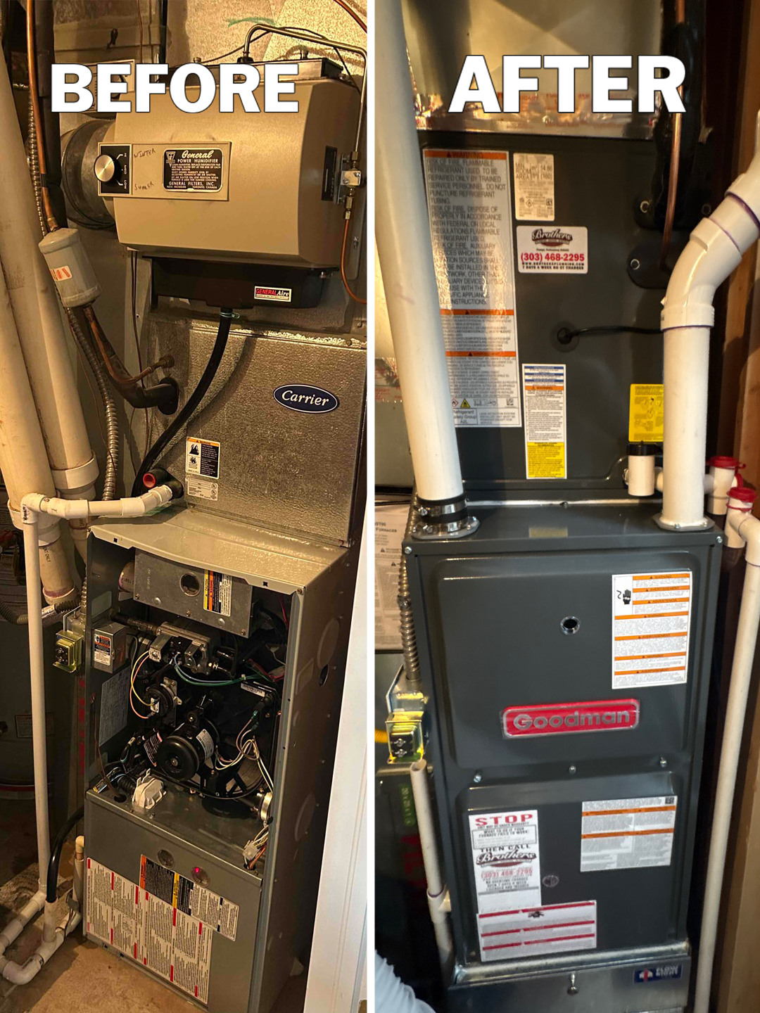 See how Brothers Plumbing, Heating, and Electric - Denver upgraded an old furnace to a clean Goodman installation for reliable home comfort.