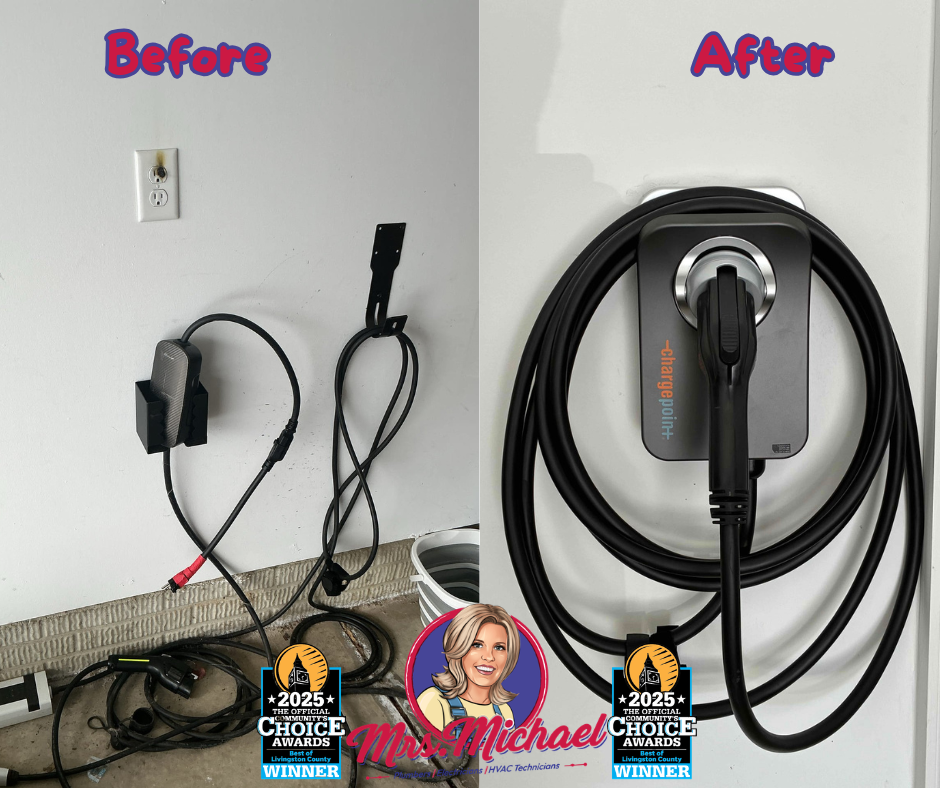 Transform cluttered garage charging to a tidy, safe setup with Mrs. Michael Plumbers, Electricians, and HVAC Technicians handling professional EV charger installations.