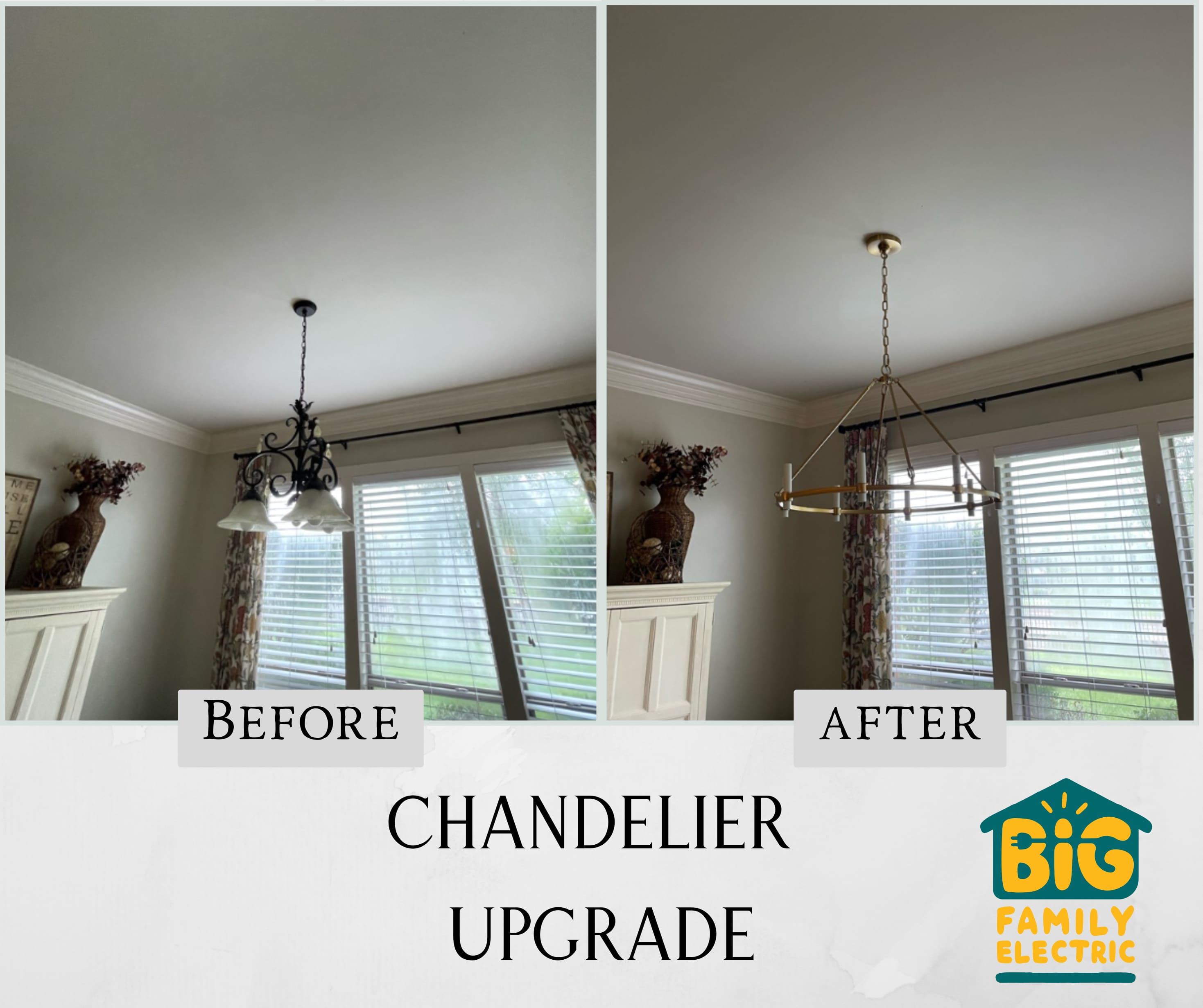 Experience unparalleled lighting transformation with Big Family Electric's chandelier upgrades - capturing elegance, style, and quality.