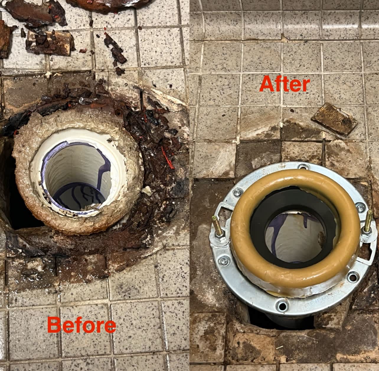 Visible in these before and after photos, Rise Plumbing Systems replaced a failing flange with a durable waxless assembly to restore reliable sealing and prevent future leaks.