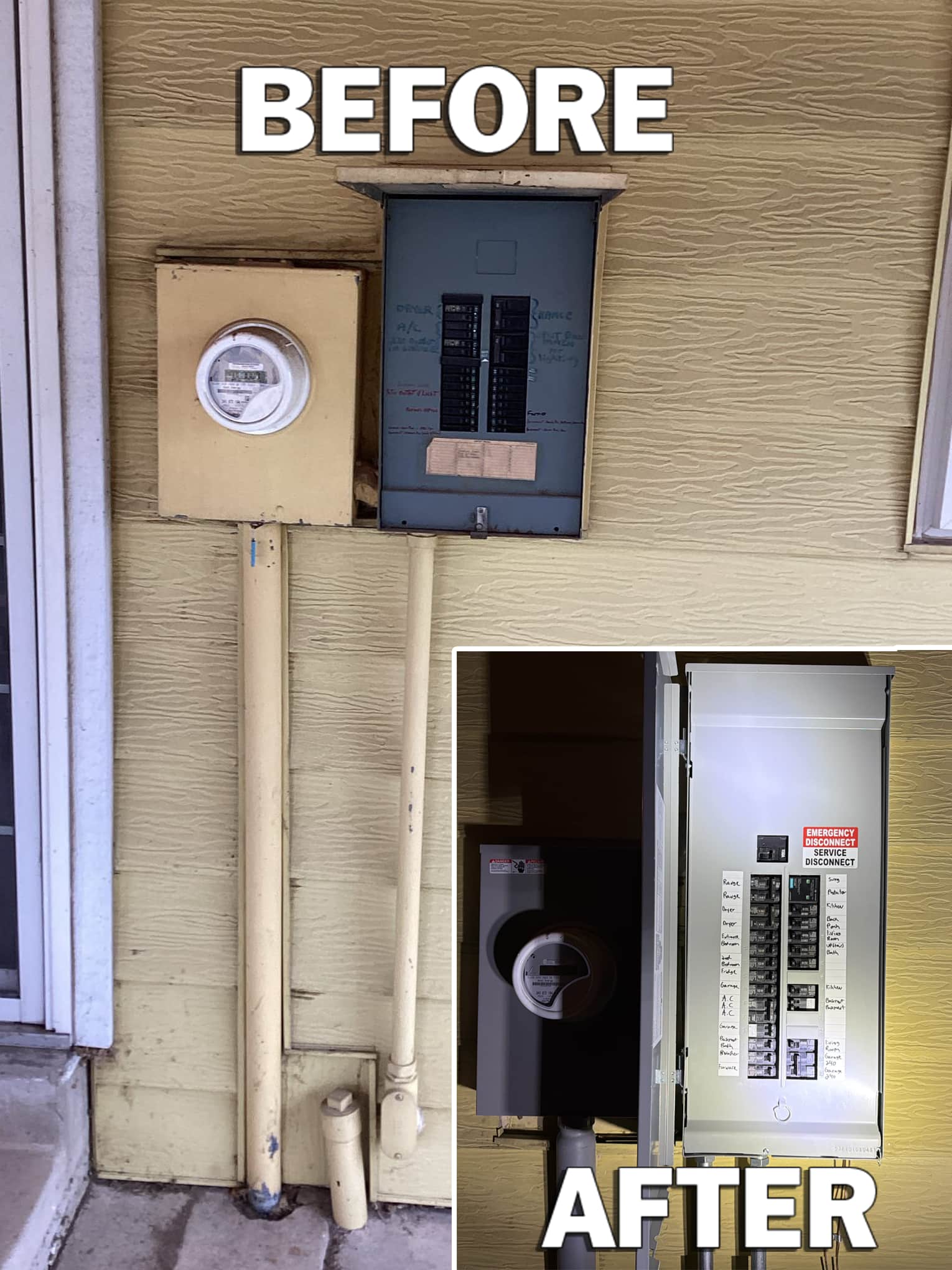 A clear before and after shows Brothers Plumbing, Heating, and Electric - Denver delivering a safer, cleaner electrical panel upgrade customers trust.