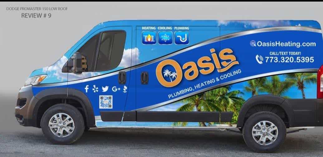 A clean, professionally wrapped Oasis Heating and Cooling service van communicates reliability and fast, friendly HVAC and plumbing help.