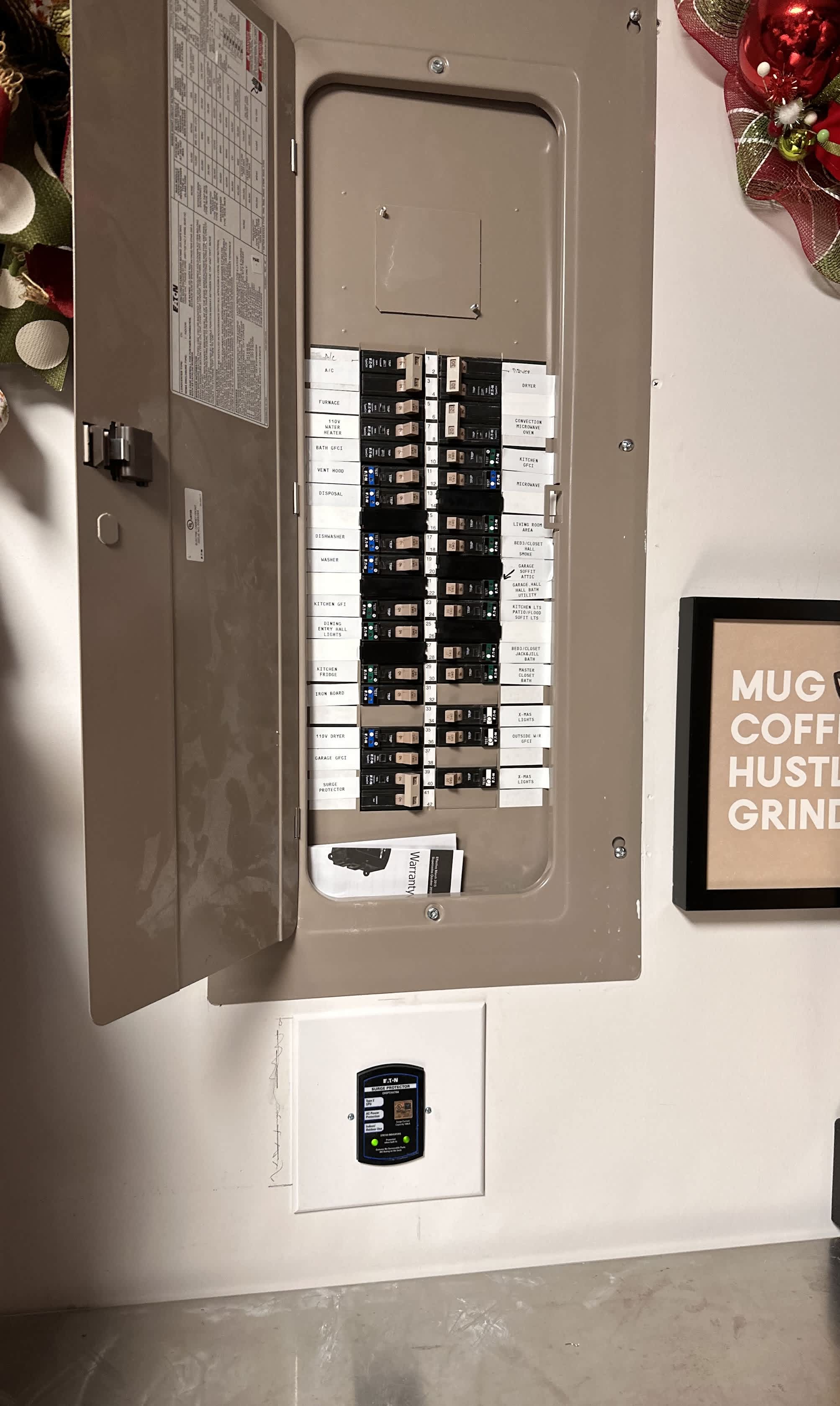 Neat, well labeled breaker work highlights the professionalism homeowners trust from Abacus Plumbing, Air Conditioning & Electrical for safe electrical service.