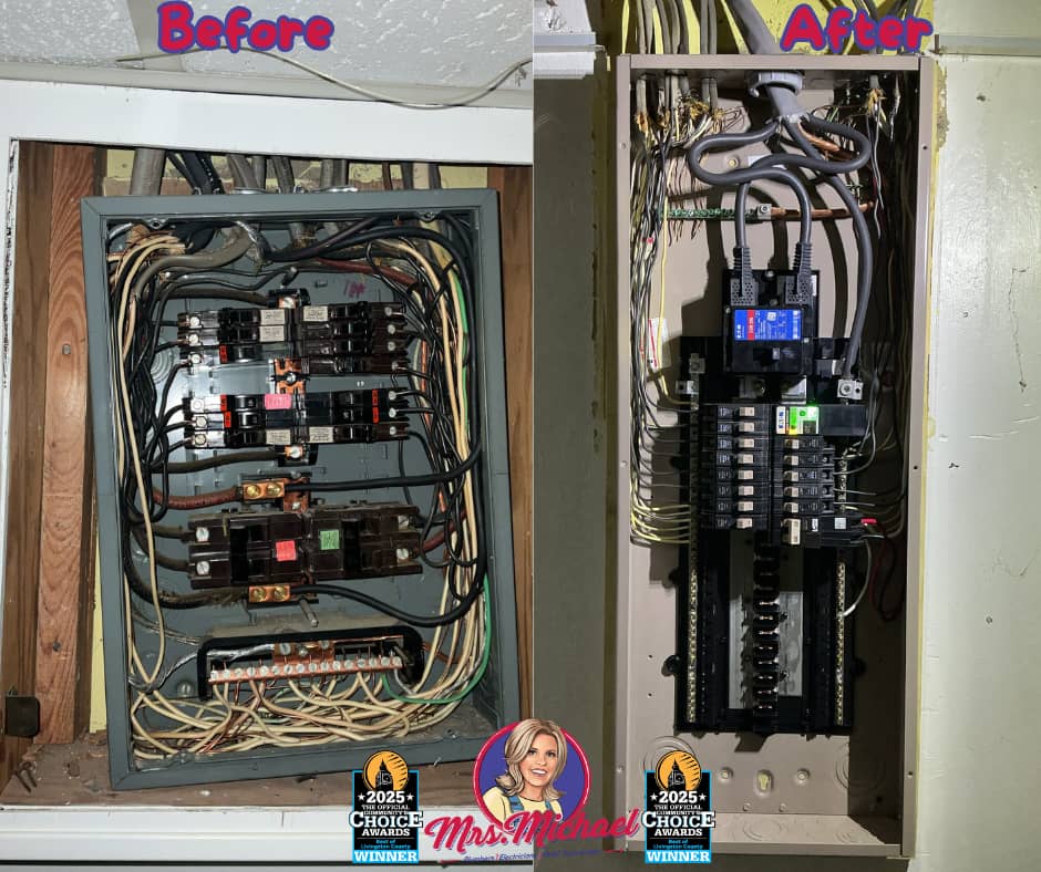 Mrs. Michael Plumbers, Electricians, and HVAC Technicians transformed this outdated electrical panel into a safer, cleaner, and professionally organized system.