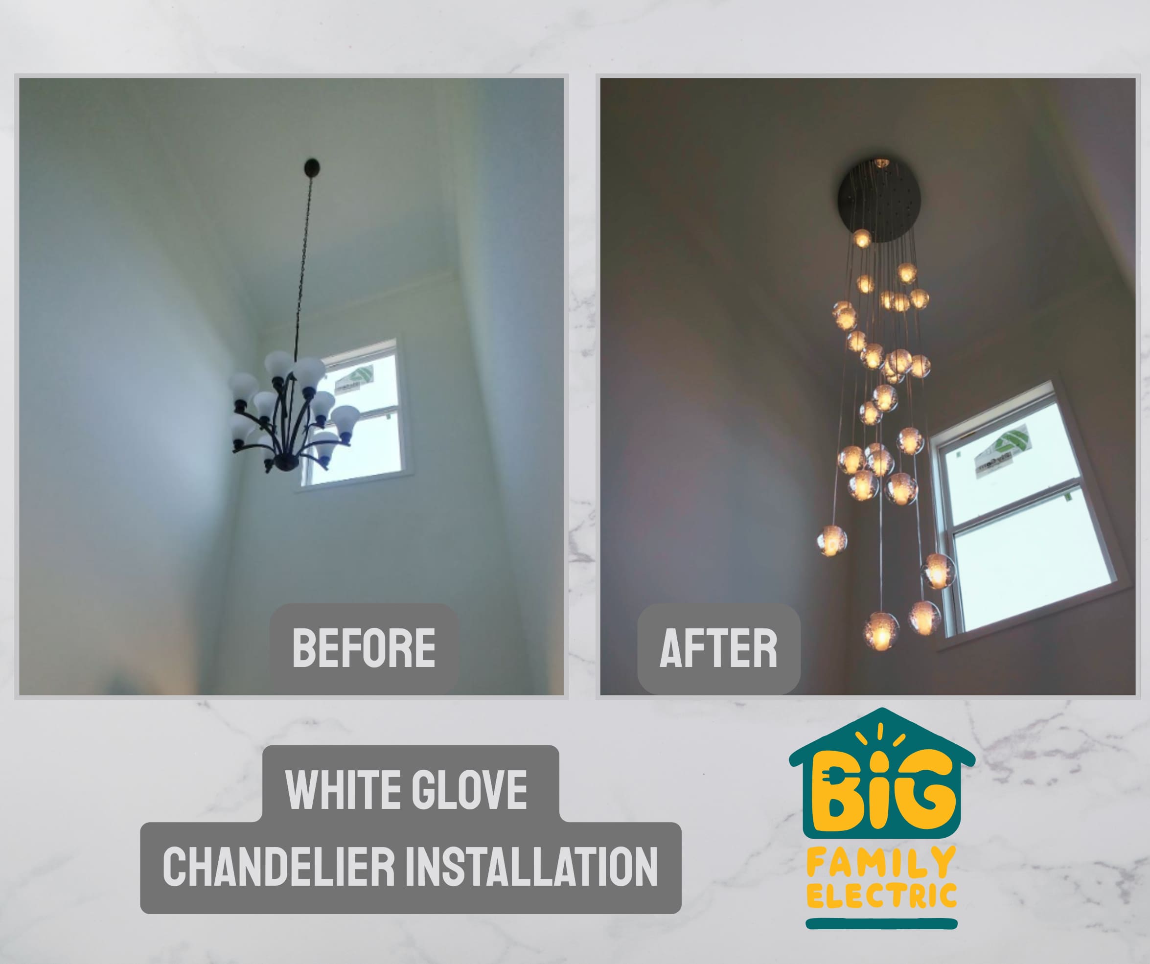 Transform your space with Big Family Electric's expert chandelier installations, ensuring style and sophistication in every room.