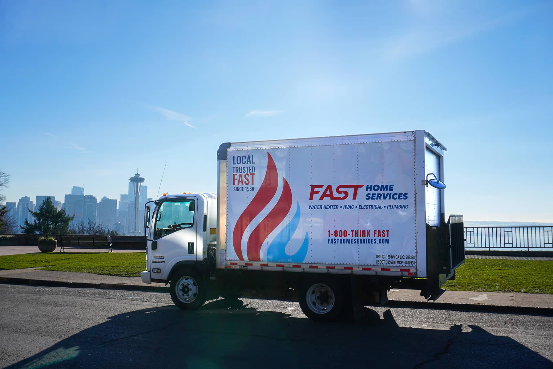Fast Home Services shows dependable, professional service on the move with bold branding and clear contact information for local customers.