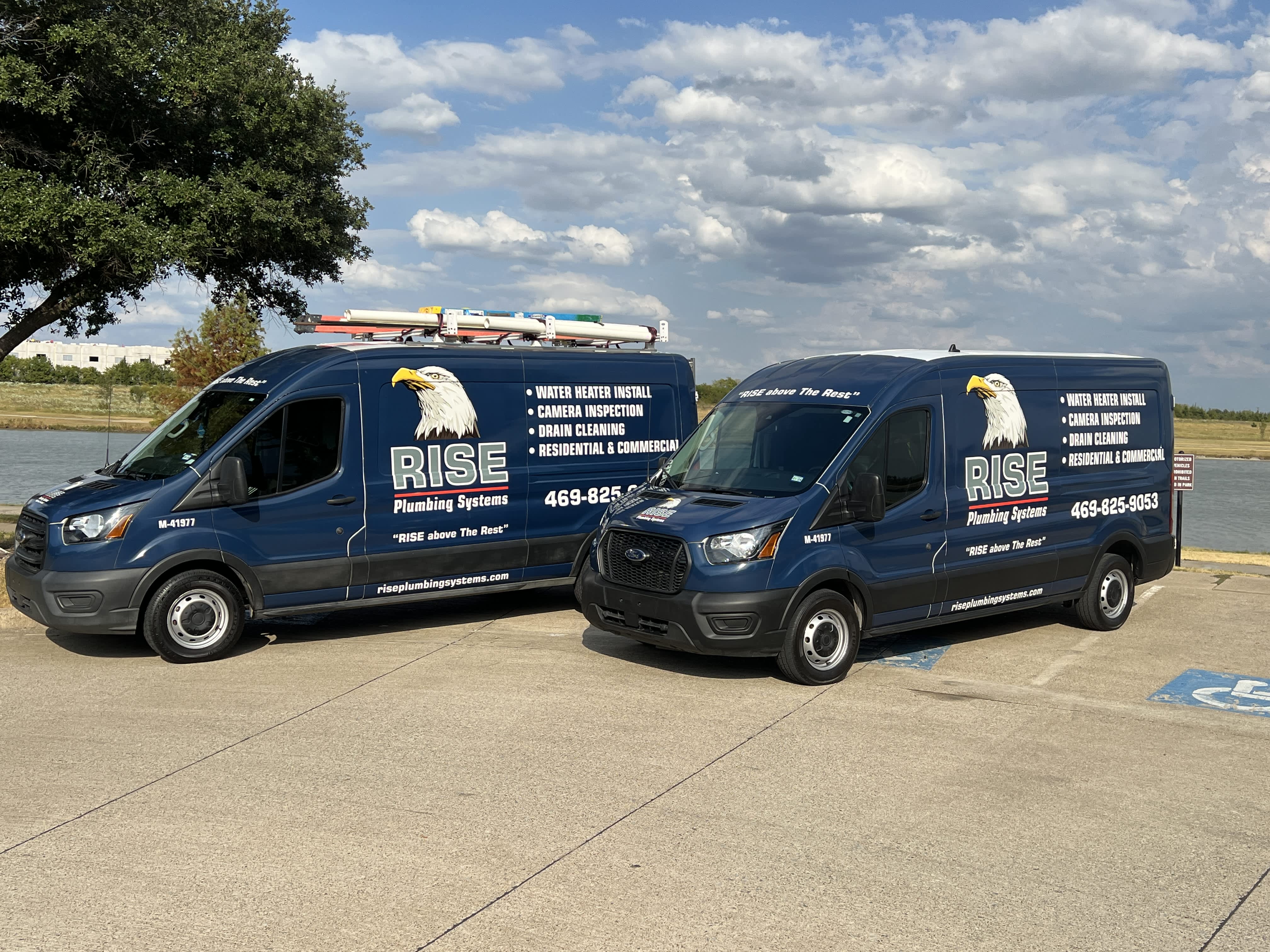 Clean, professional service vans from Rise Plumbing Systems showcase dependable craftsmanship and readiness to solve plumbing problems quickly.